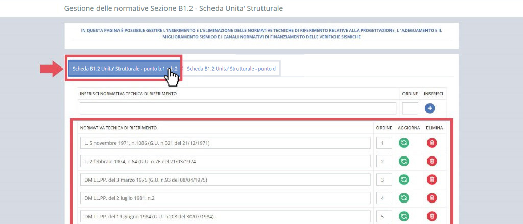 immagine pagina gestione dell normative sezione B1.2 - scheda unità strutturale, selezione tab punto b.1 e b.2