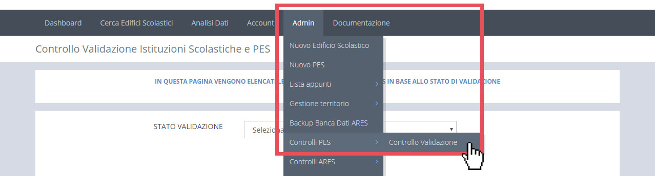 immagine menu admin, controlli PES, controllo validazione
